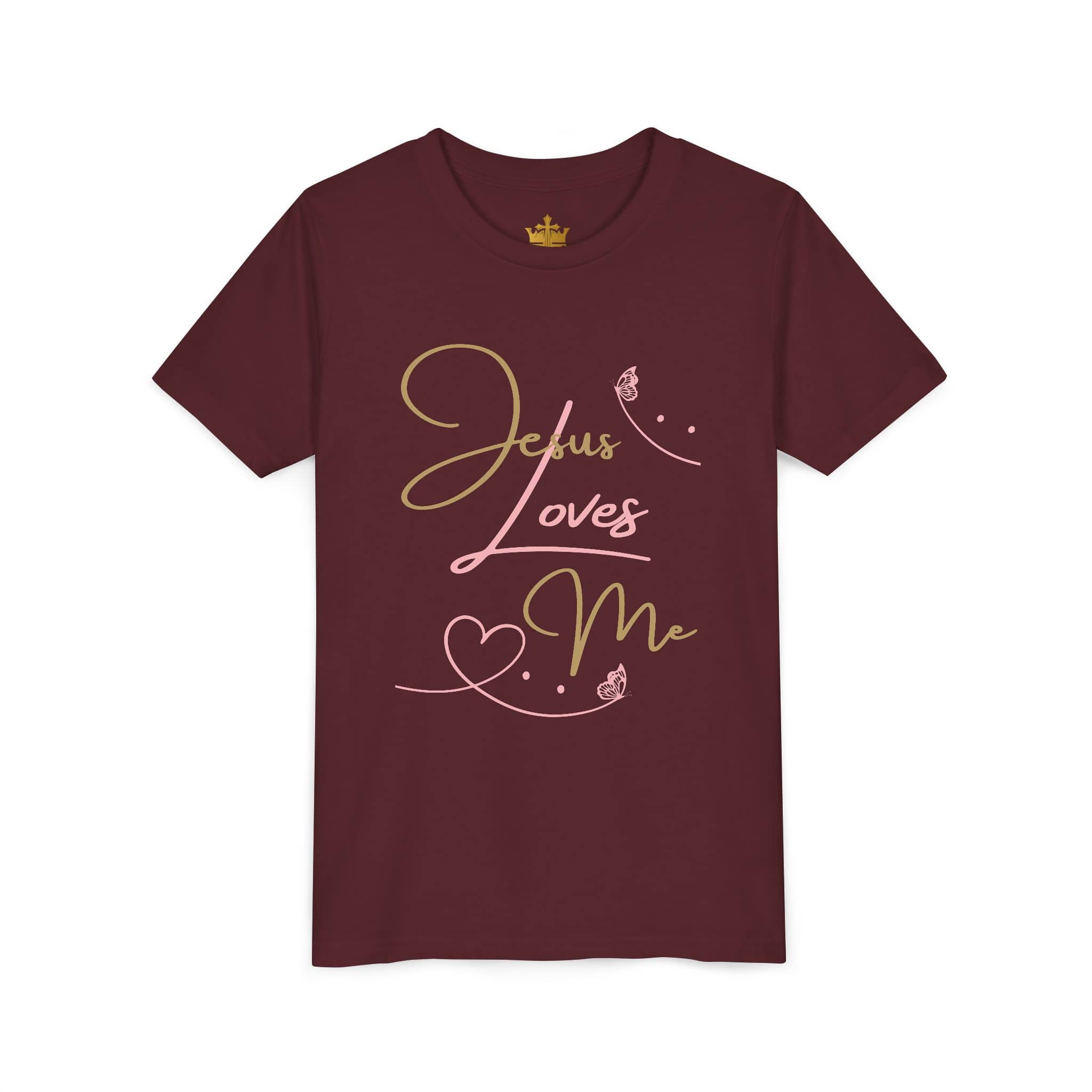 Jesus Loves Me youth shirt in maroon with stylish typography and heart design for kids