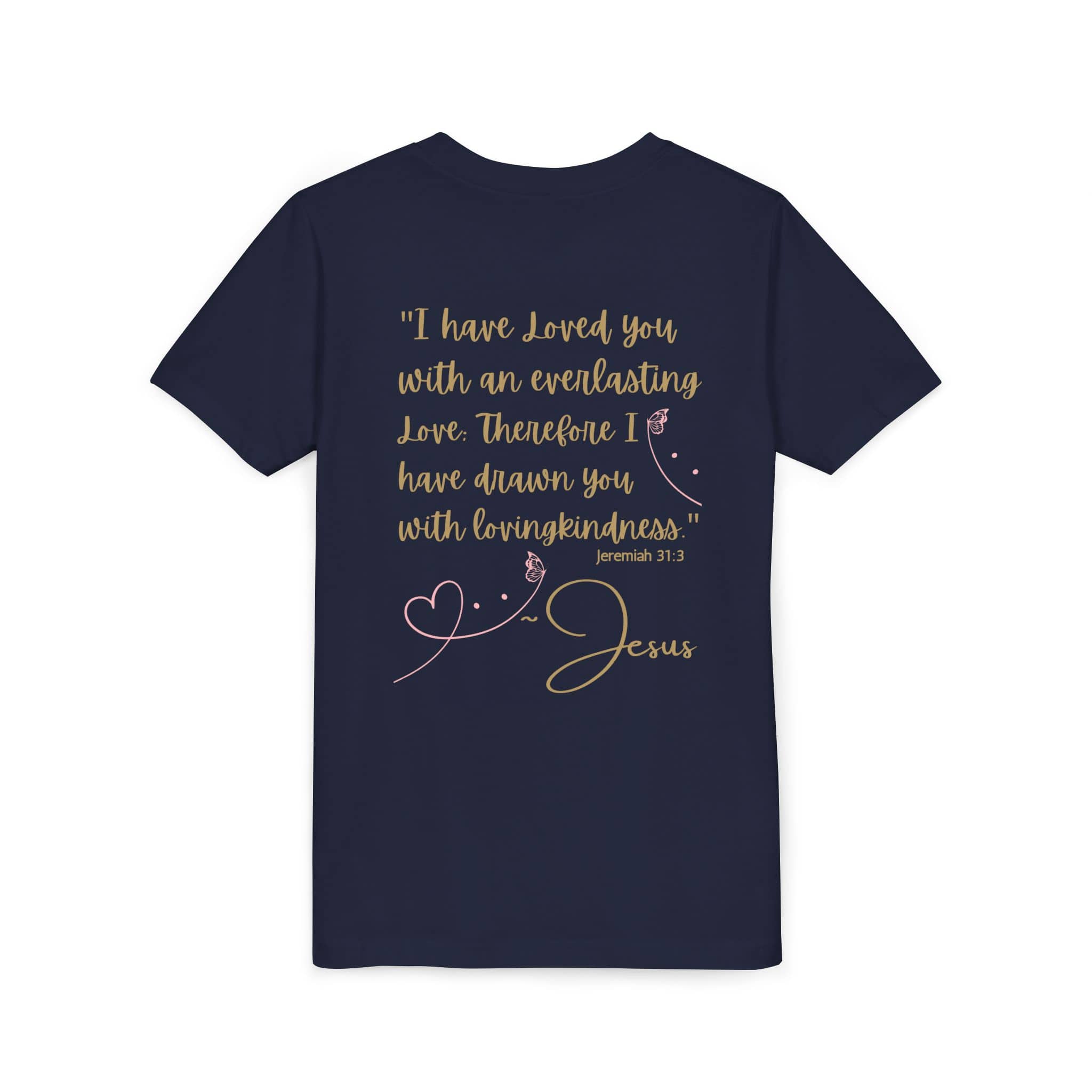 Navy Jesus Loves Me youth shirt with inspirational quote and heart design on the back