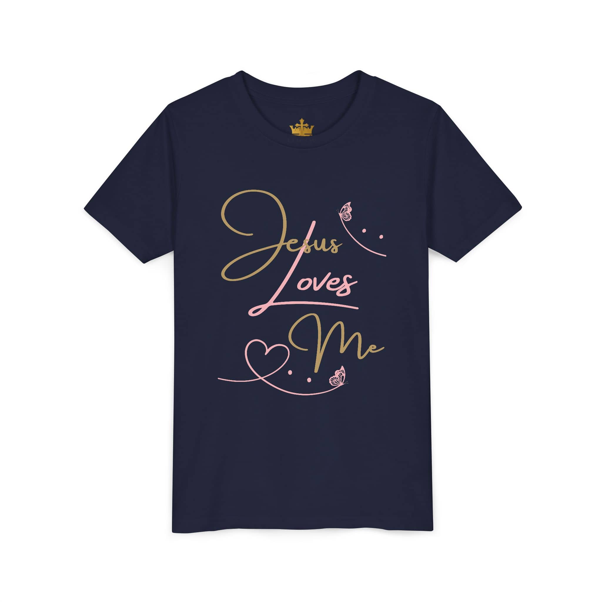 Navy blue Jesus Loves Me youth shirt with stylish pink and gold lettering design