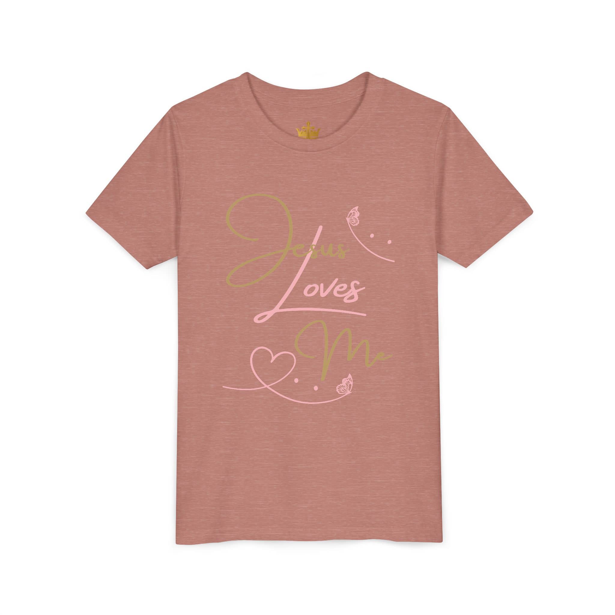 Jesus Loves Me youth shirt in soft pink with stylish heart designs for kids