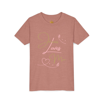 Jesus Loves Me youth shirt in soft pink with stylish heart designs for kids