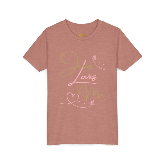 Jesus Loves Me youth shirt in soft pink with stylish heart designs for kids