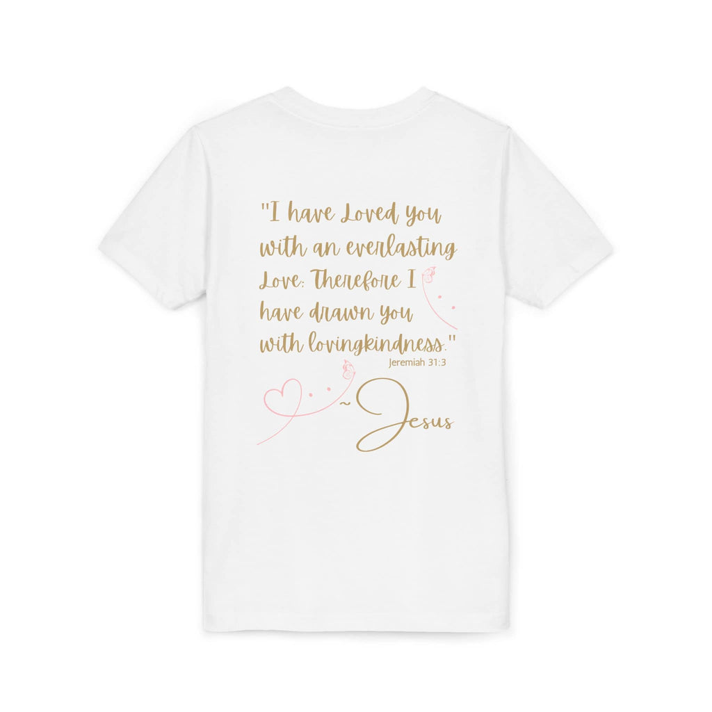 White Jesus Loves Me youth shirt featuring a motivational quote on the back