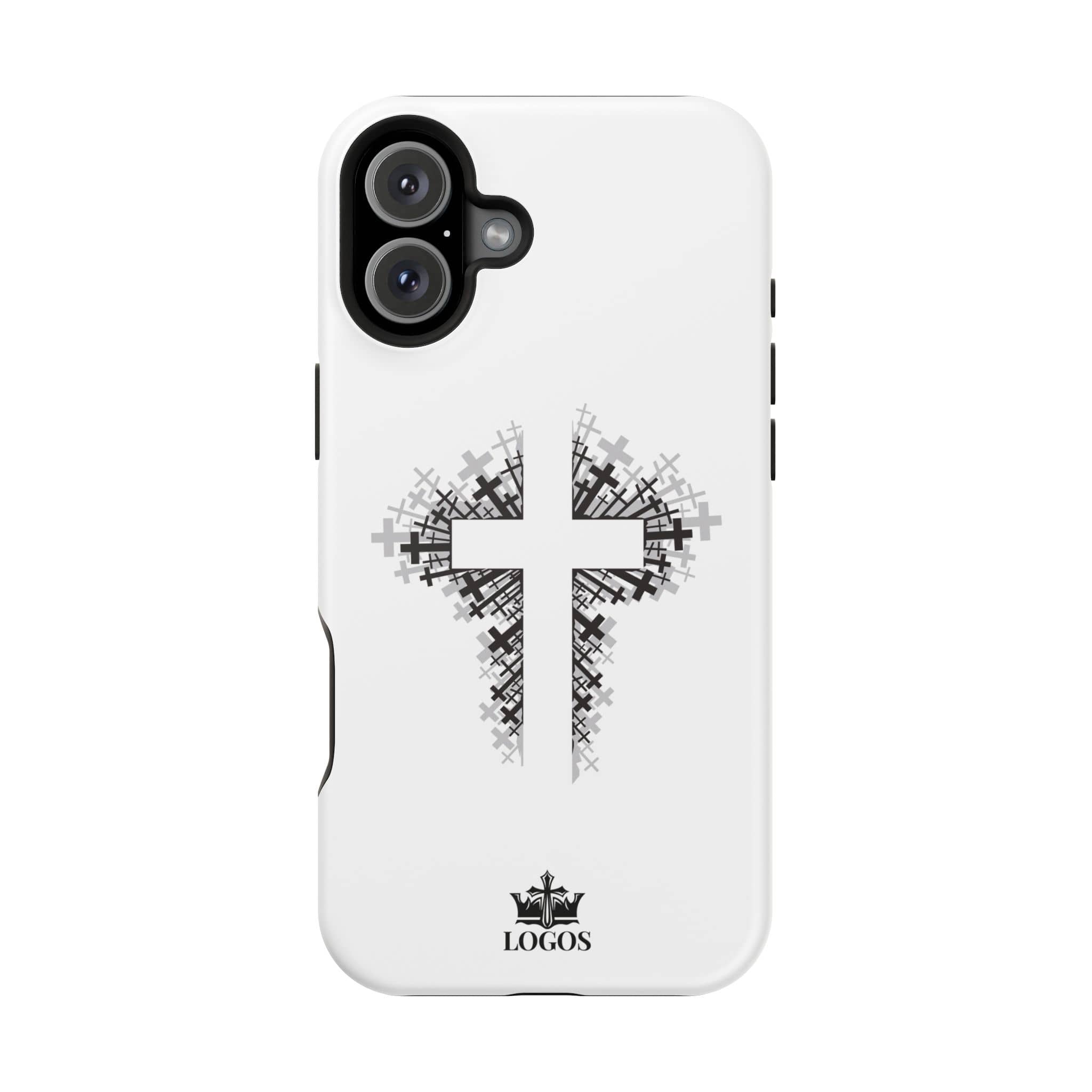 Phone Case with Cross Design Magnetic Impact-Resistant Phone Case in White, Front View