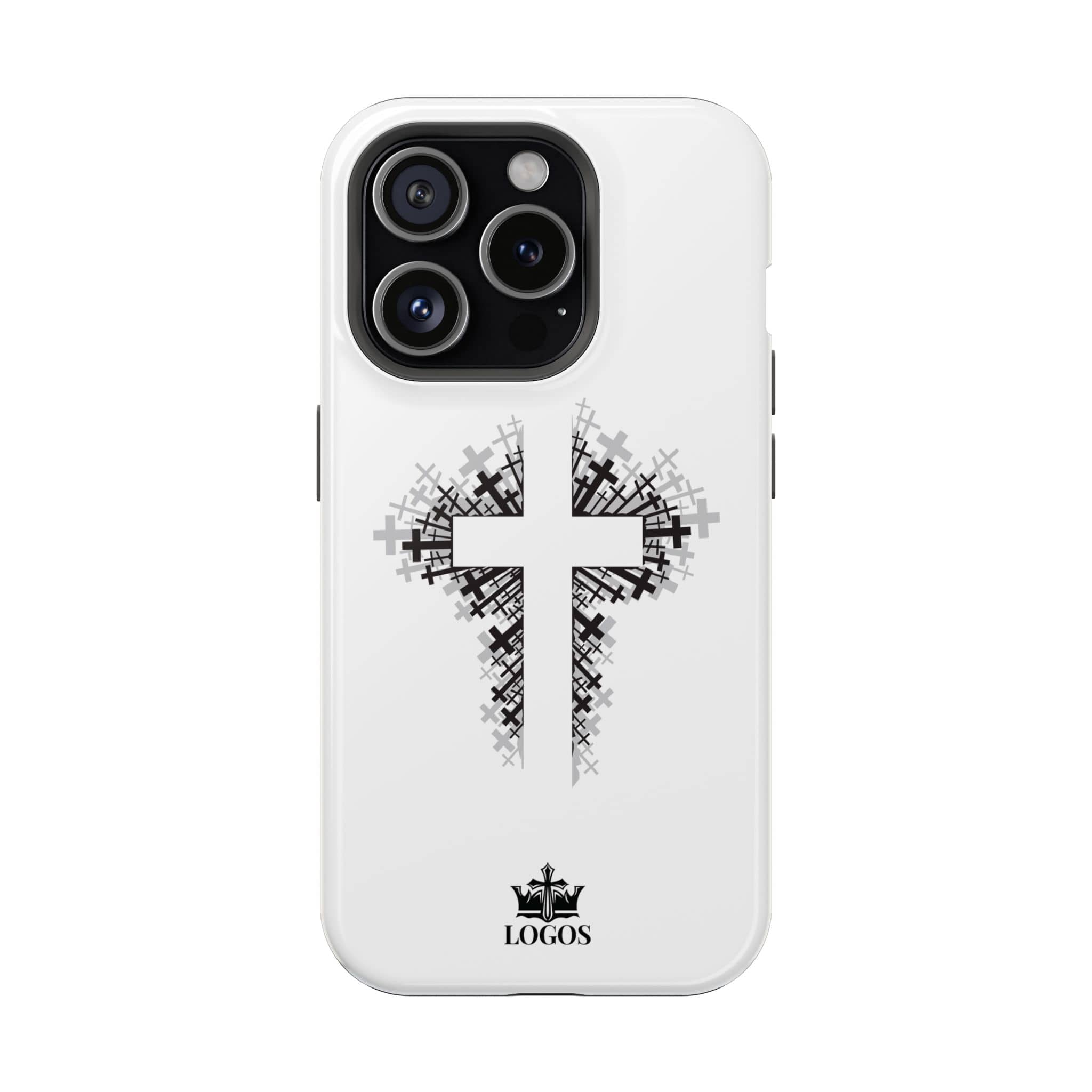 Cross Design Magnetic Impact-Resistant Phone Case in white with a cross graphic on the back view