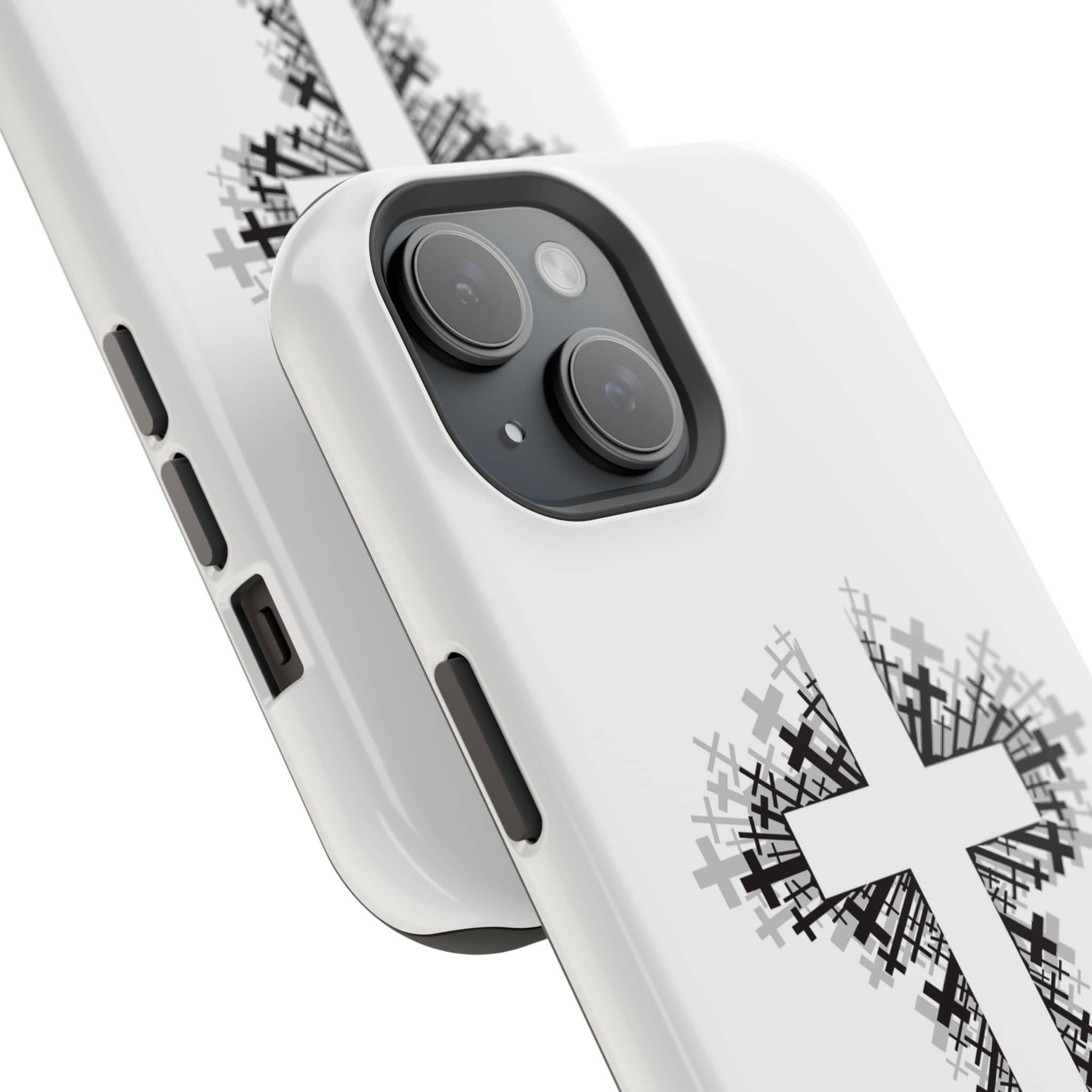 Cross Design Magnetic Impact-Resistant Phone Case in white with a geometric cross pattern, showcasing front and back views