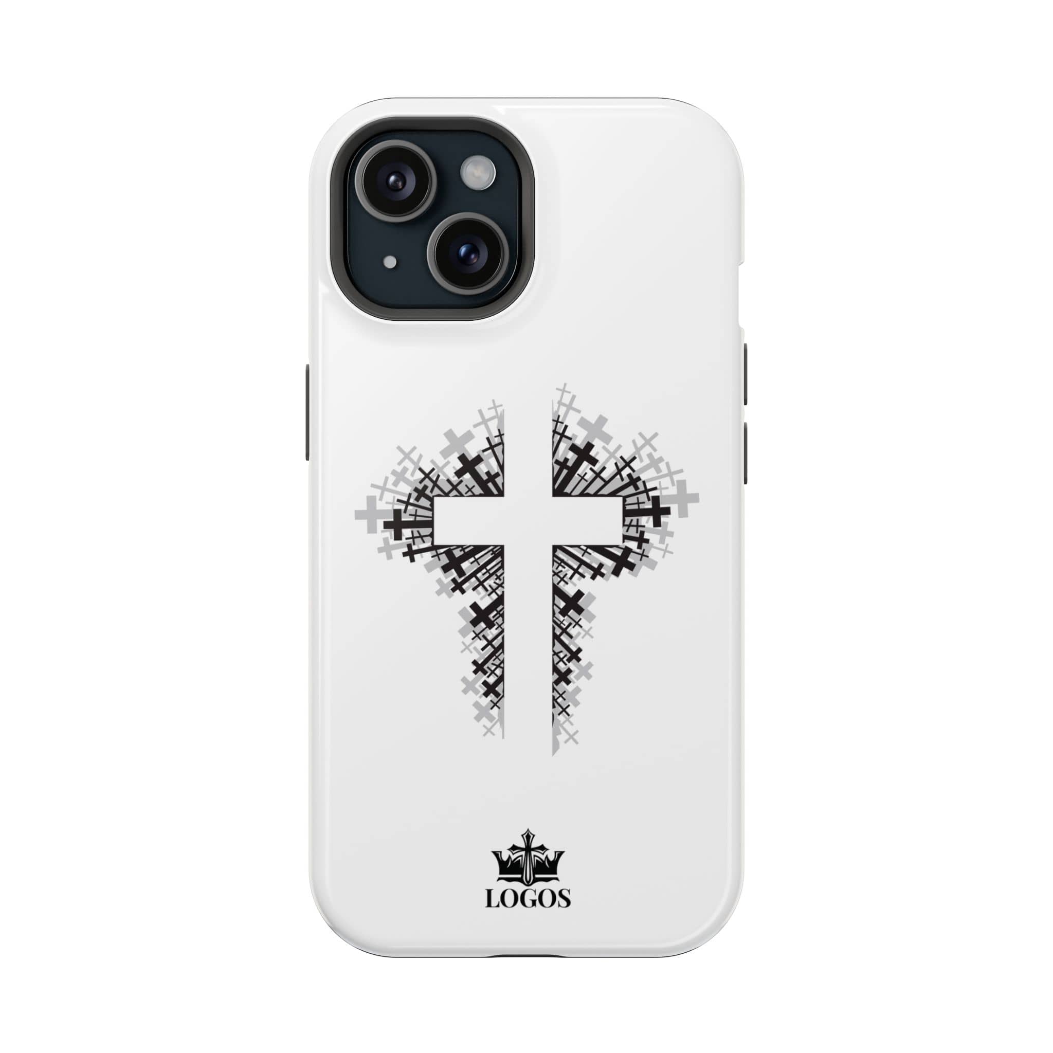 Front view of Cross Design Magnetic Impact-Resistant Phone Case in white with graphic cross details