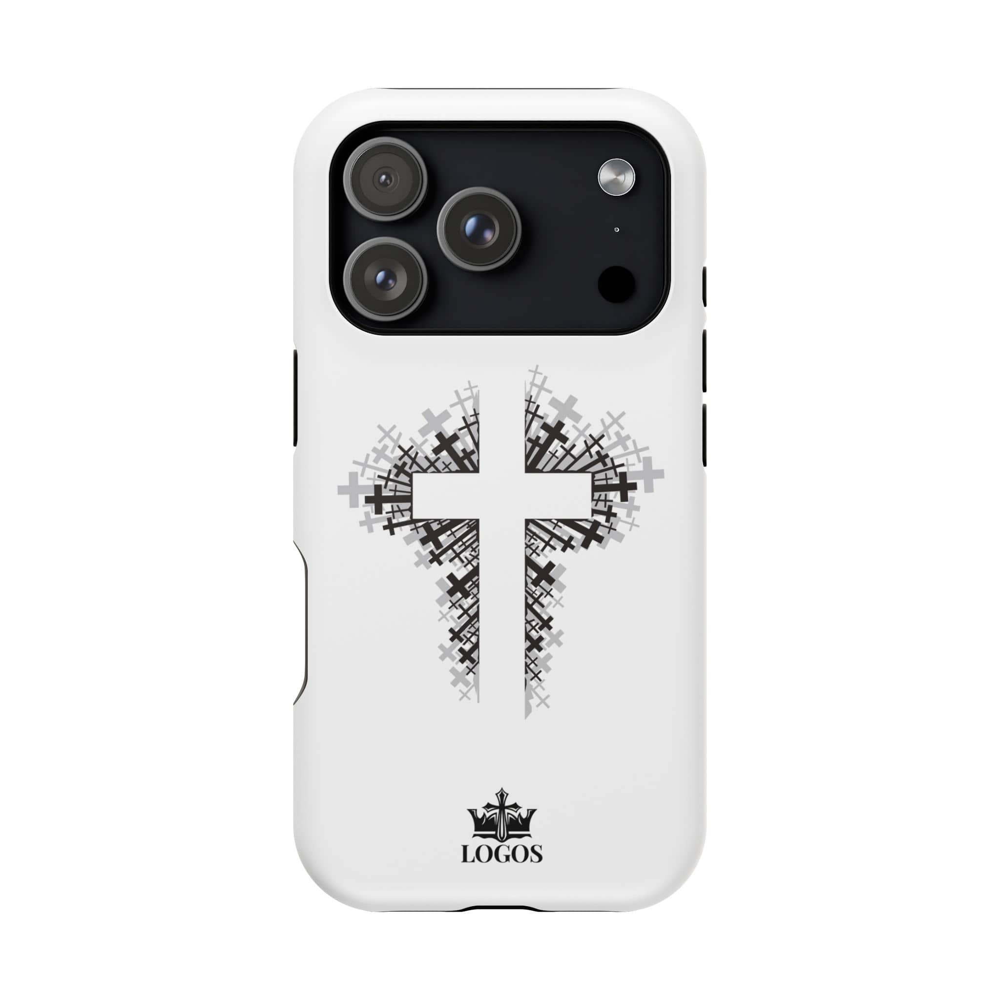 Cross Design Magnetic Impact-Resistant Phone Case in white with front view featuring a bold cross graphic