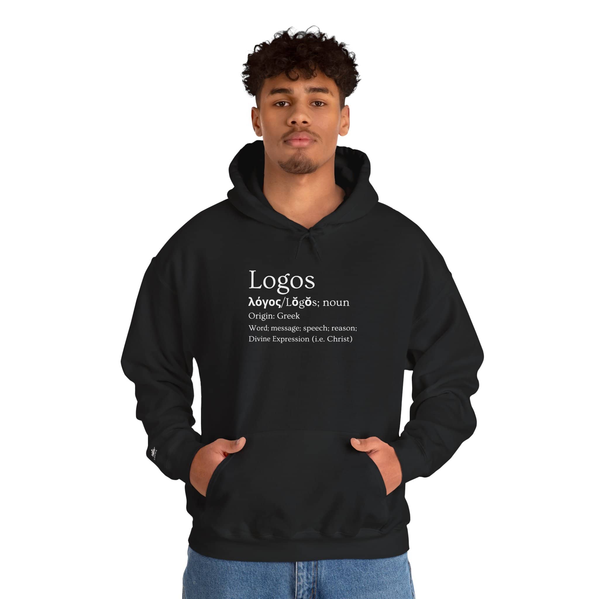 Black Logos Definition hoodie featuring Greek definition and stylish design for casual wear