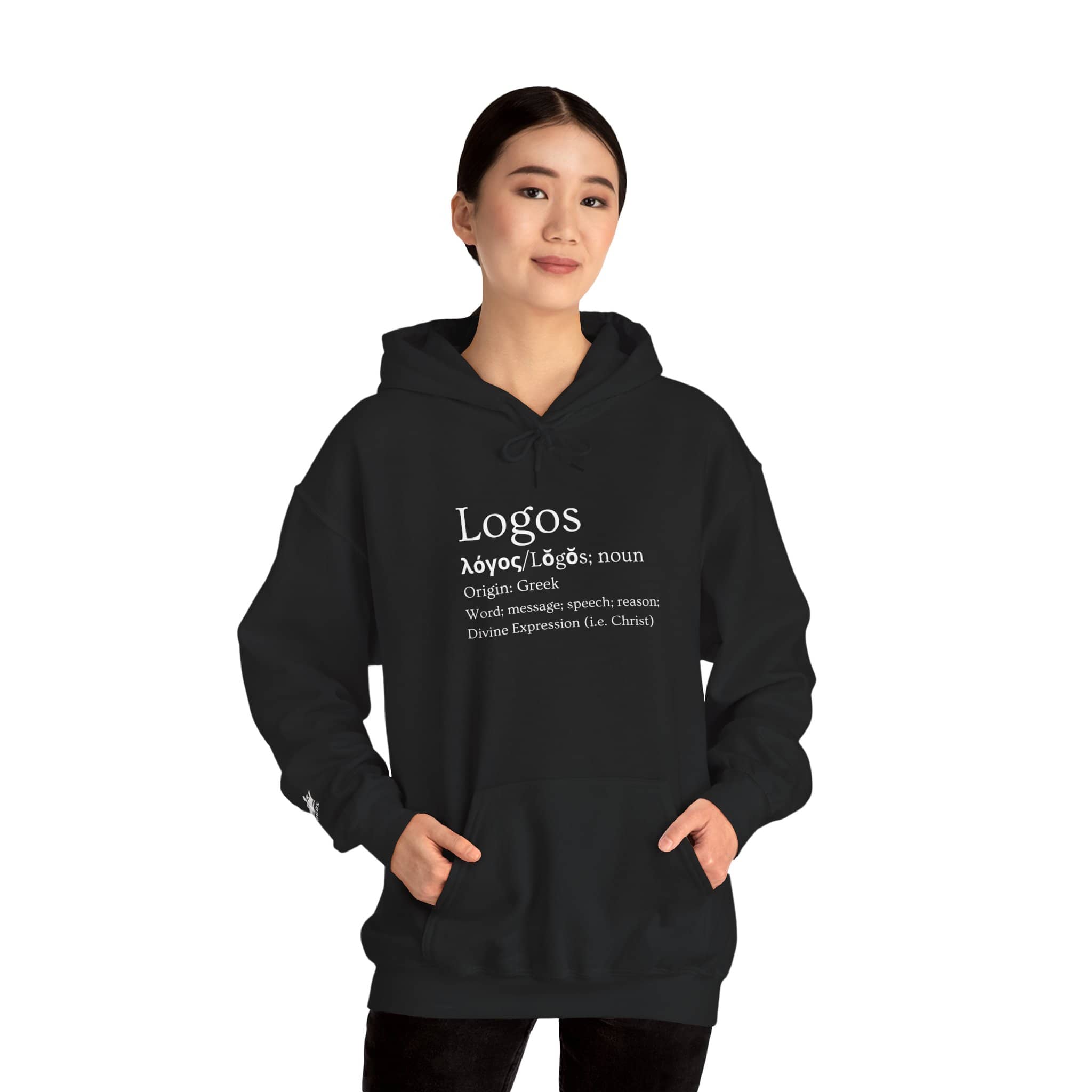 Black Logos Definition hoodie featuring Greek text definition and front pocket for comfort