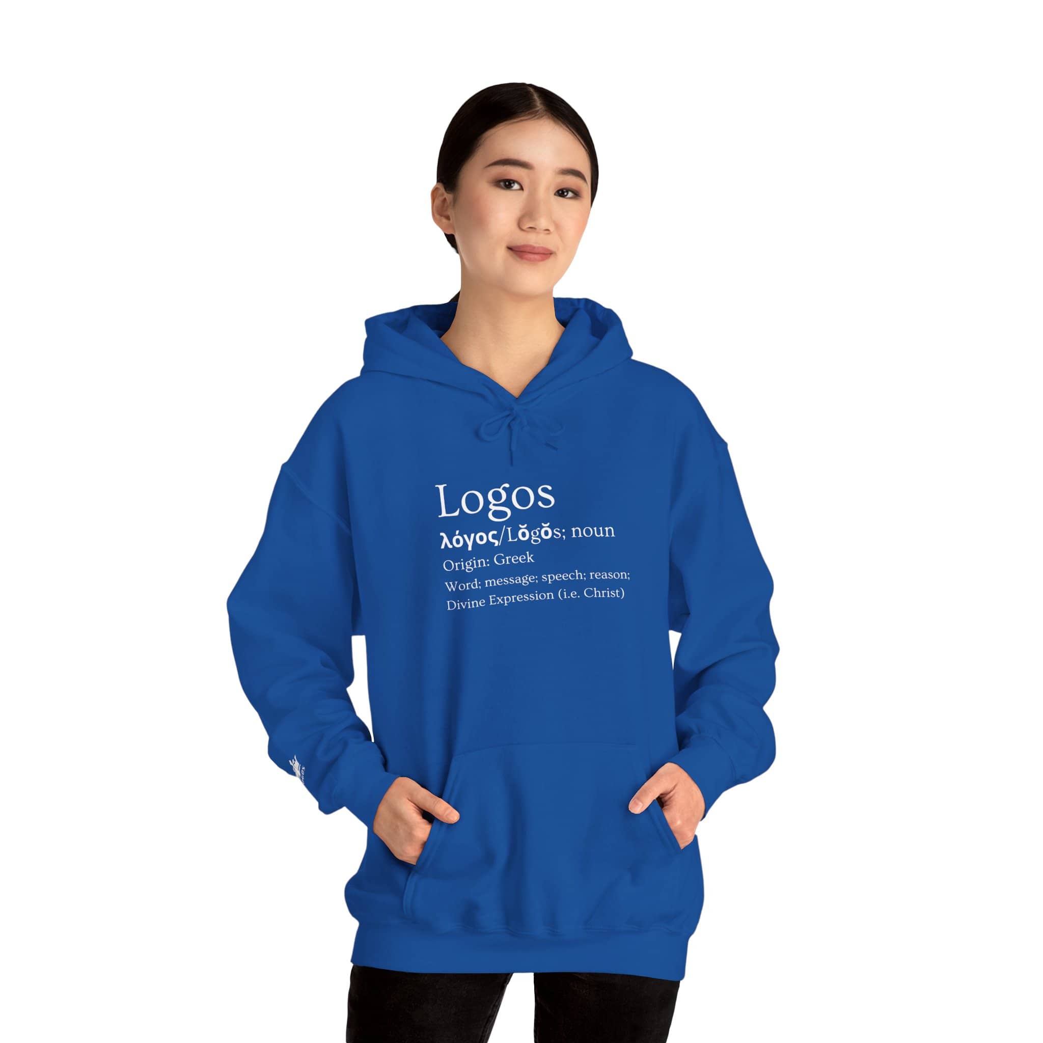Blue Logos Definition hoodie featuring Greek text for a stylish and meaningful outfit