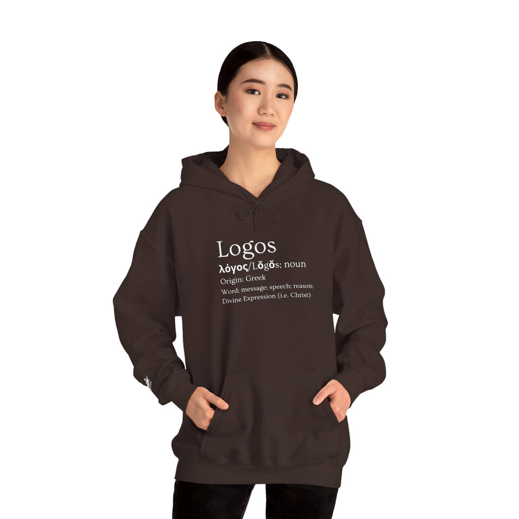 Logos Definition hoodie in black featuring Greek text and definition design for casual wear
