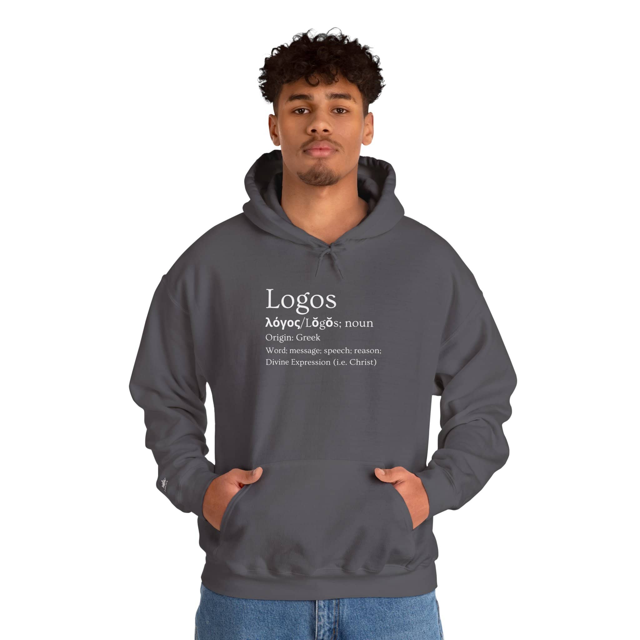 Gray Logos Definition hoodie featuring Greek origin and meaning for stylish statement wear