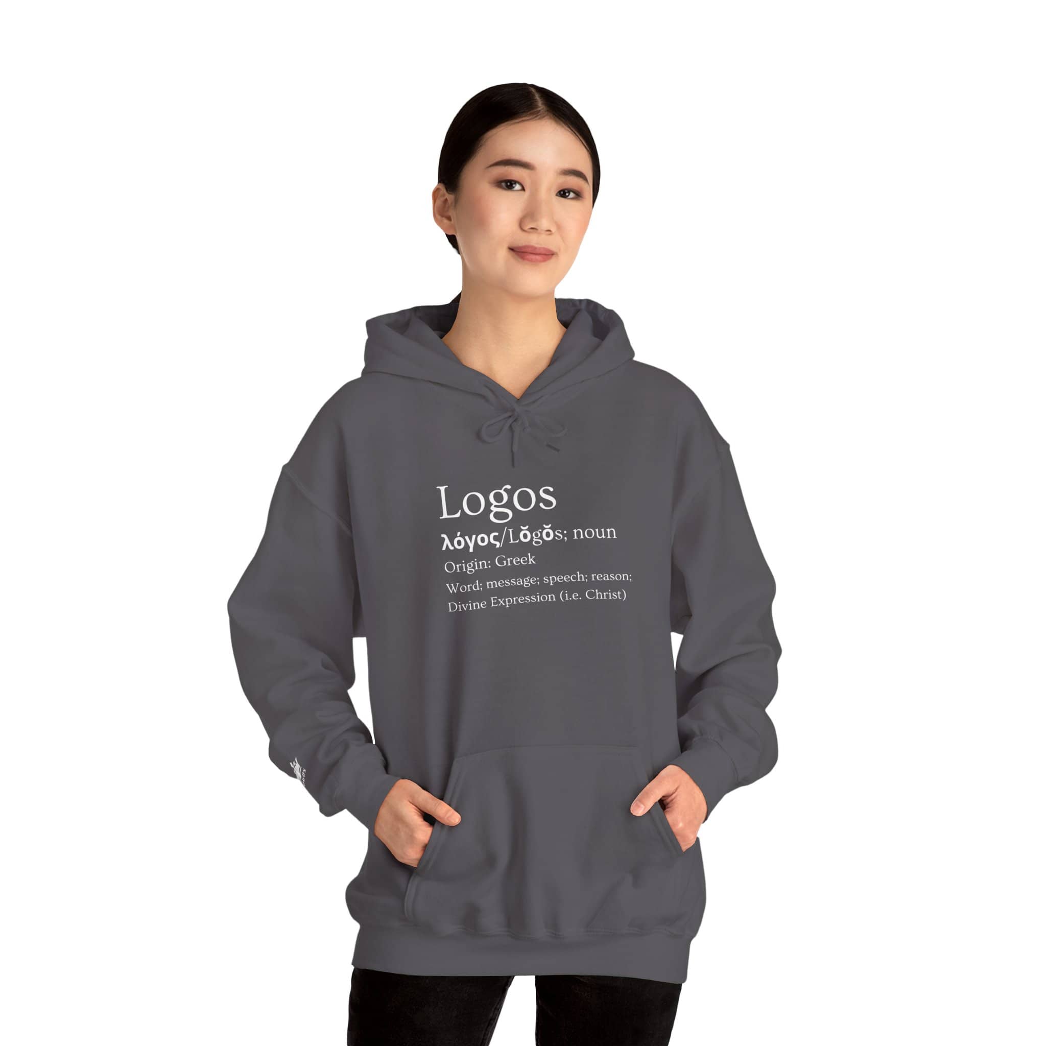 Charcoal Grey Logos Definition hoodie with dictionary-style text design for casual wear