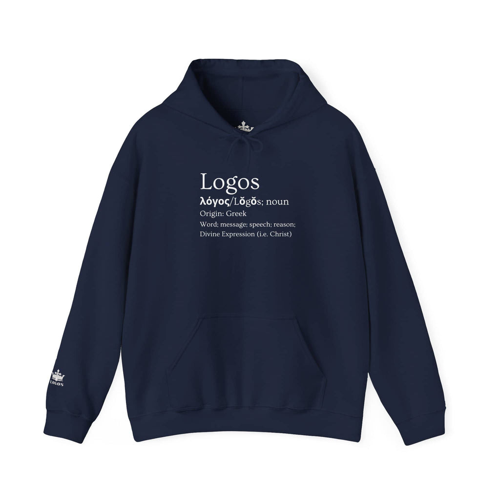 Navy Logos Definition hoodie featuring Greek origin text for a stylish and meaningful look