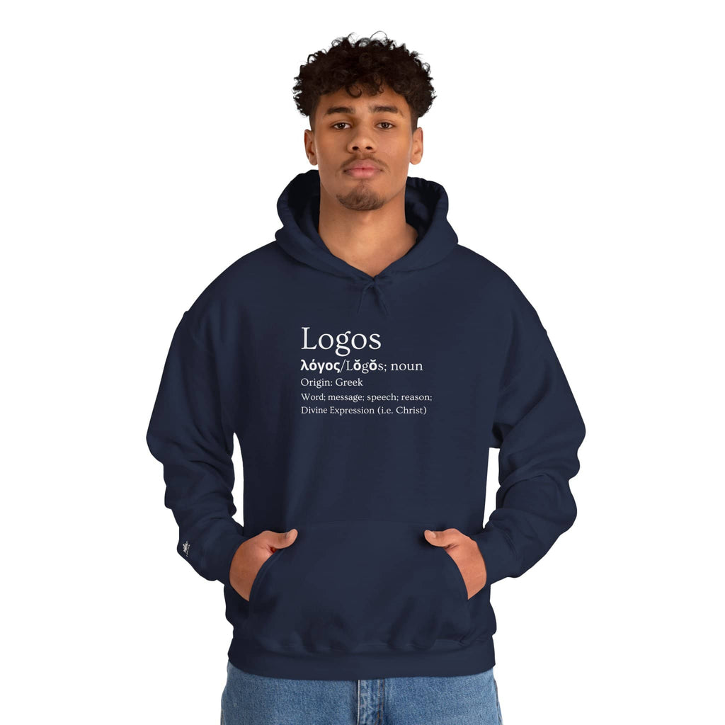 Navy Logos Definition hoodie featuring Greek origins and text design for casual wear