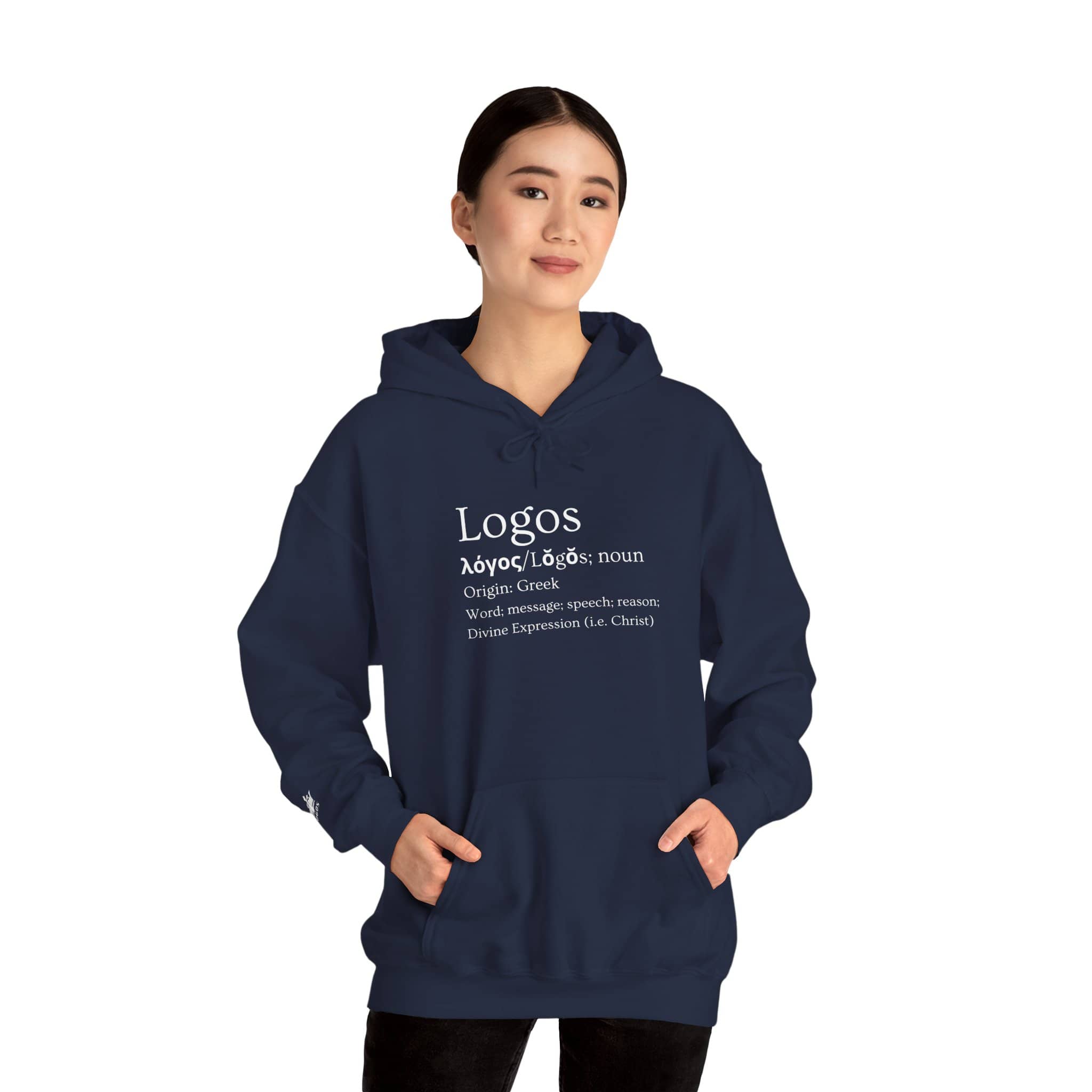 Navy Logos Definition hoodie featuring Greek origin definition and cozy front pocket for casual wear