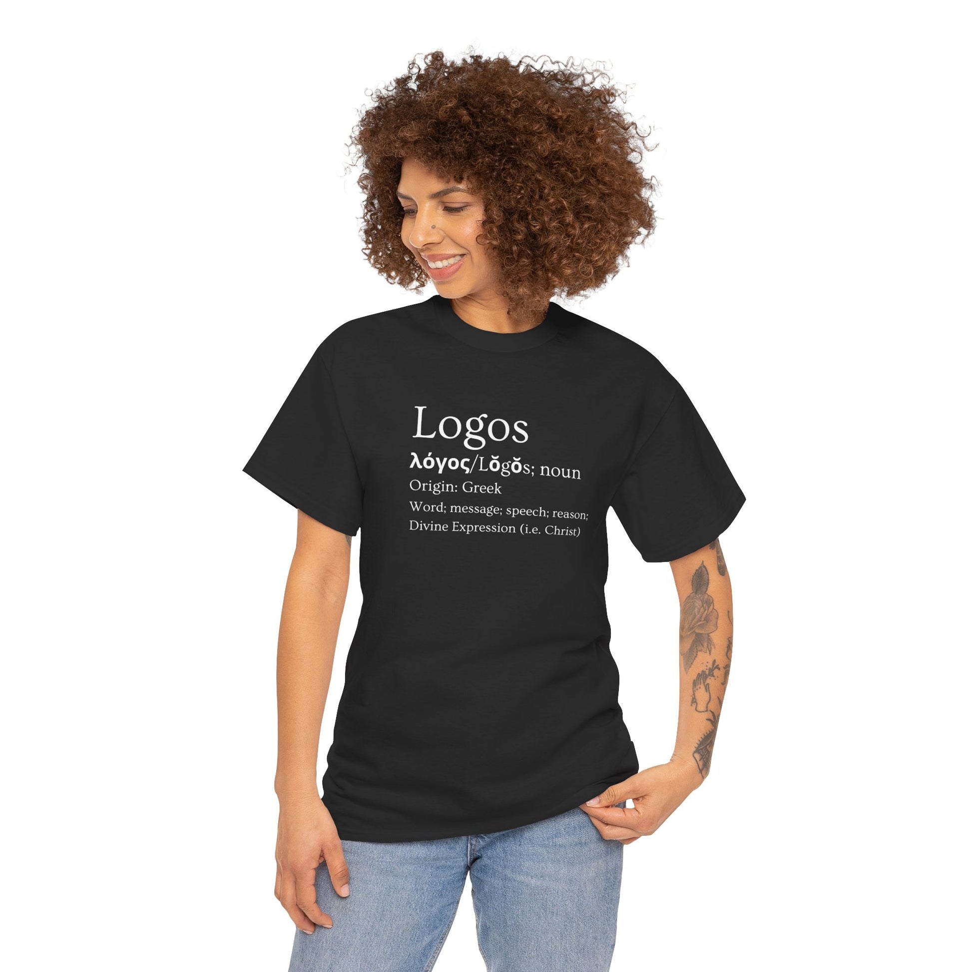 Black T-Shirt featuring the definition of Logos with Greek origins, perfect for philosophy enthusiasts