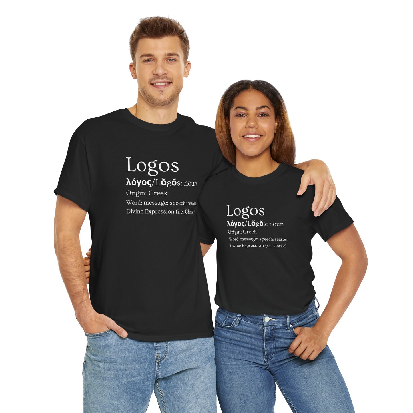 Black T-Shirt featuring Logos definition shirt design in Greek with two models wearing it