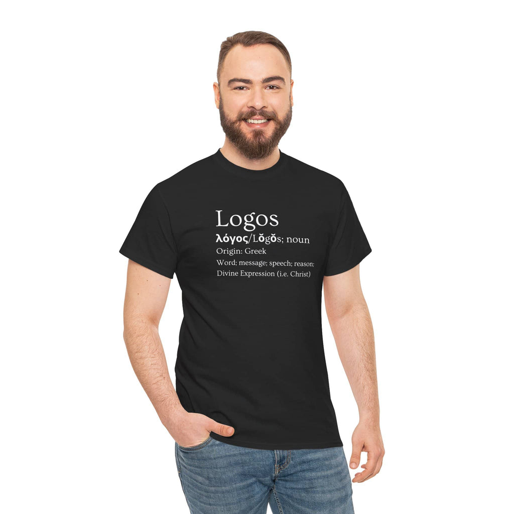 Men's black Logos definition shirt featuring the Greek origin and meaning of Logos