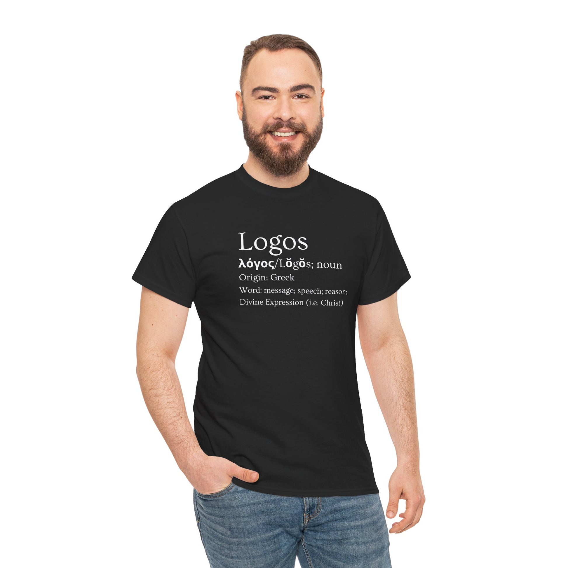 Men's black Logos definition shirt featuring the Greek origin and meaning of Logos