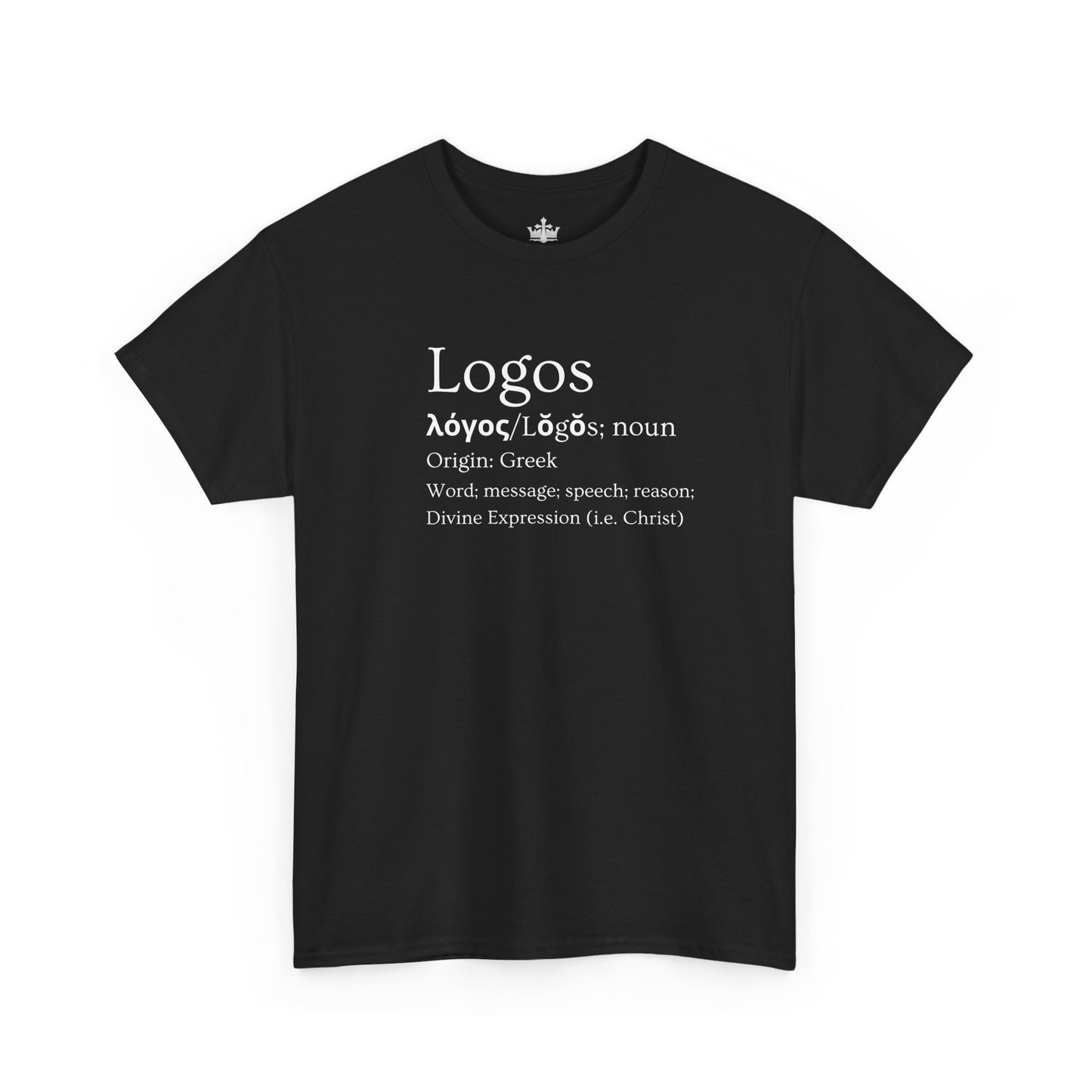 Black T-Shirt featuring a Logos definition shirt with Greek origin and meaning details