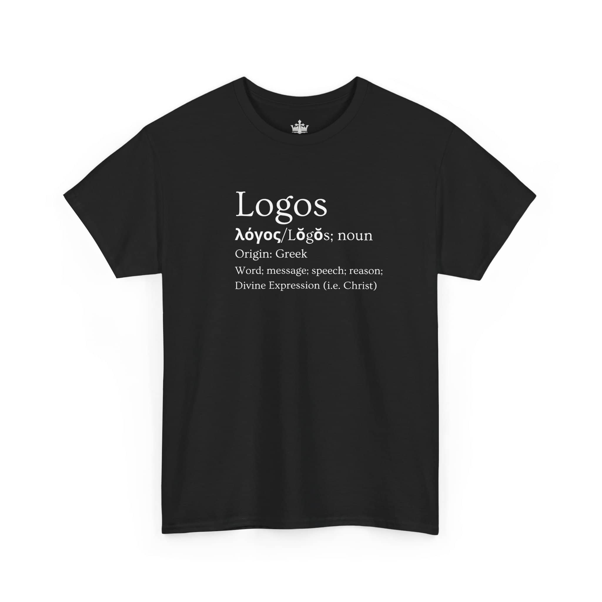 Black T-Shirt featuring a Logos definition shirt with Greek origin and meaning details
