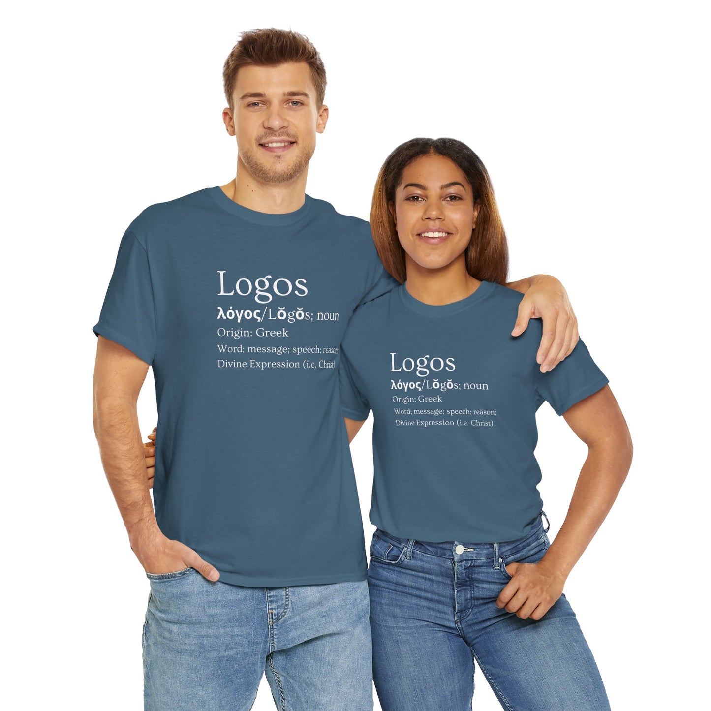 Logos definition shirt featuring Greek origin text on a casual navy blue T-Shirt for everyday wear