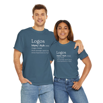 Logos definition shirt featuring Greek origin text on a casual navy blue T-Shirt for everyday wear