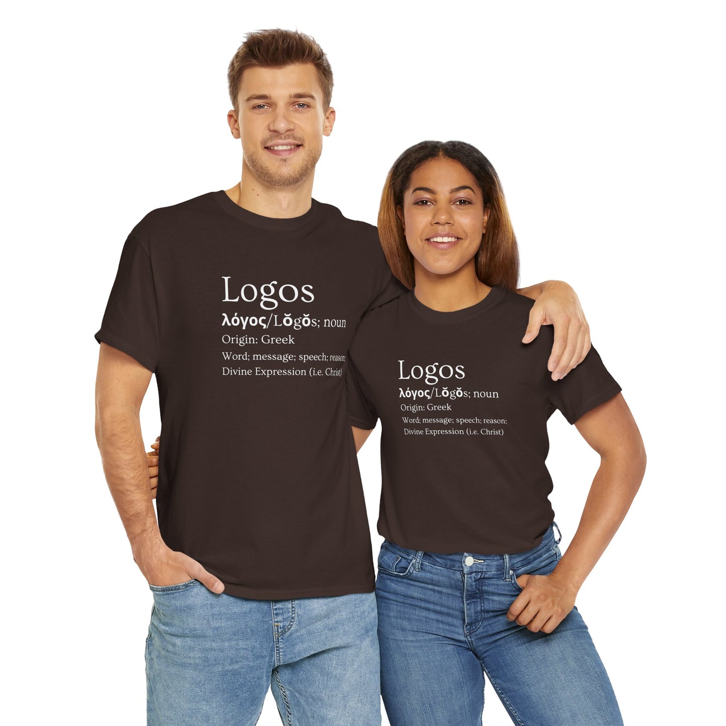 Dark brown t-shirt featuring the text 'Logos definition shirt' with Greek origin and explanation design