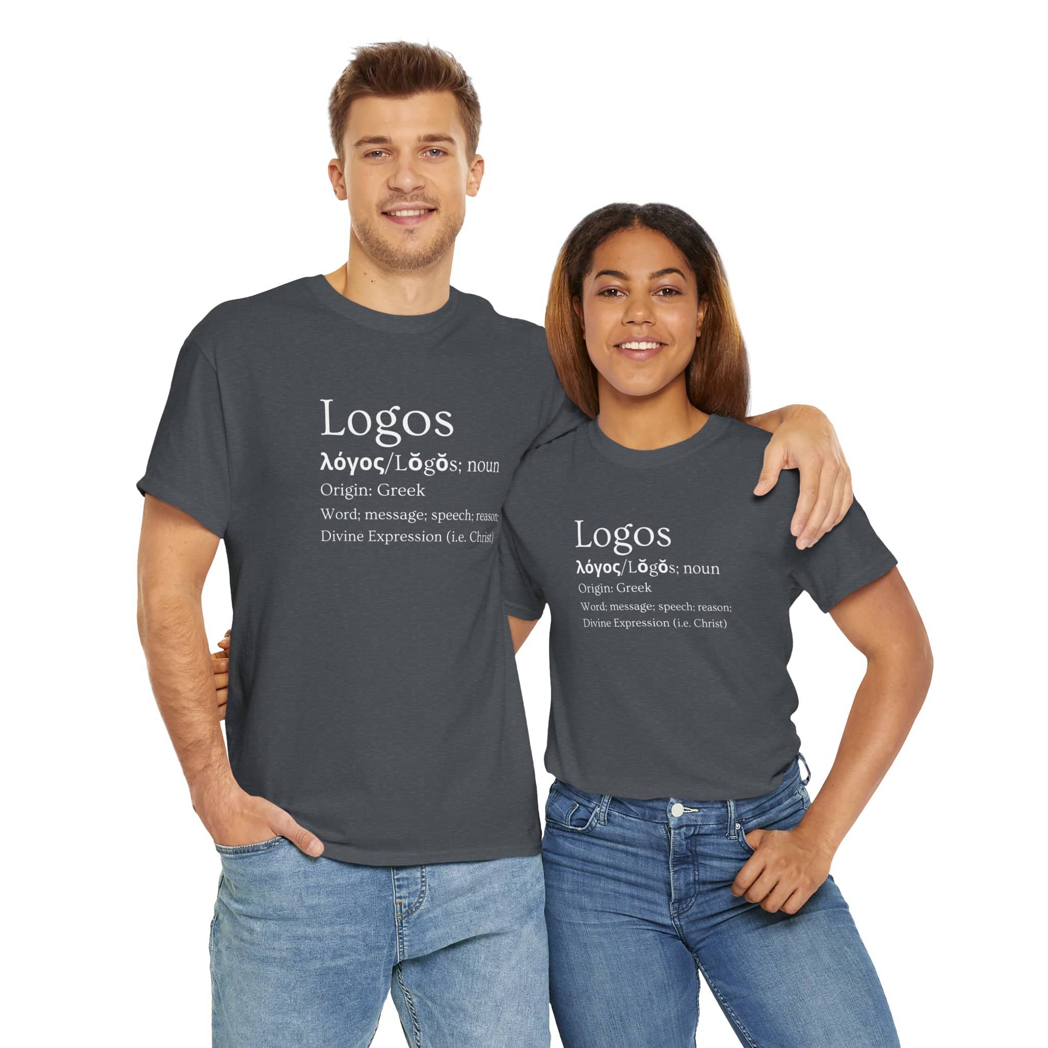 Couple wearing dark grey Logos definition shirt with Greek origin details and divine expression theme