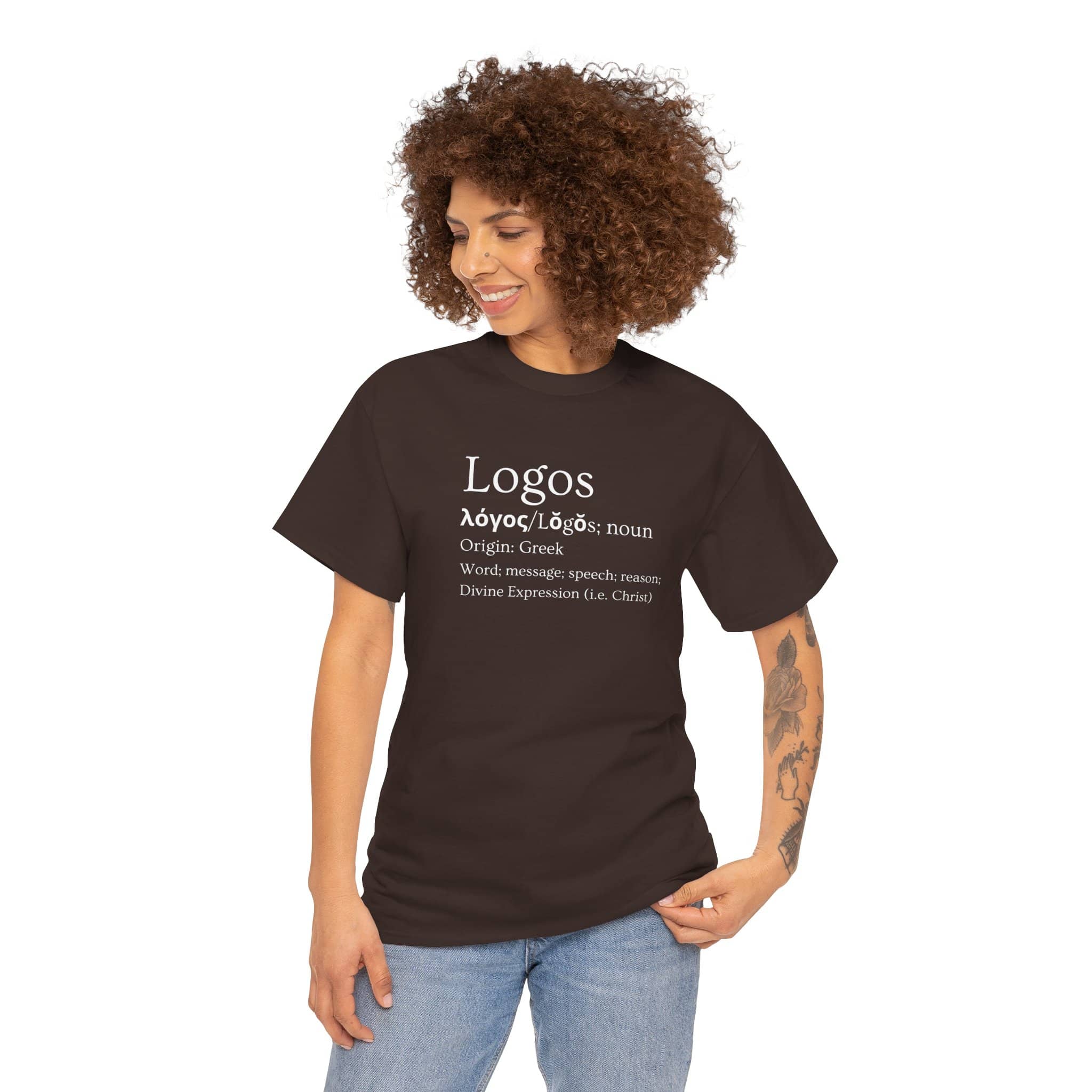 Black Logos definition shirt featuring Greek origins and meanings in elegant font for casual wear