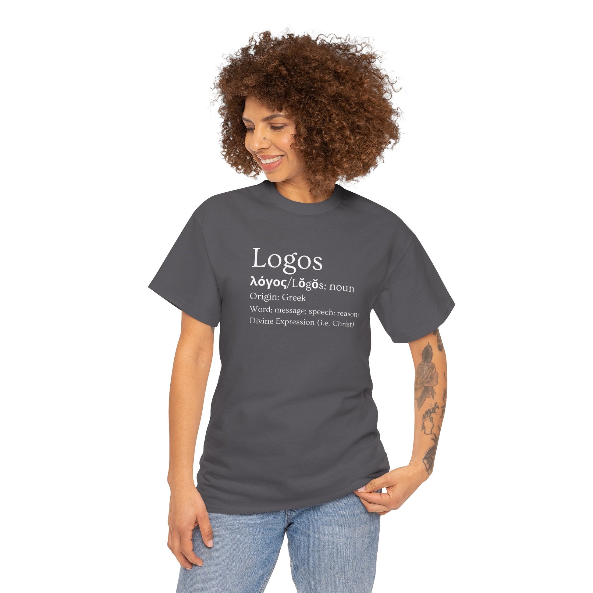 Logos definition shirt featuring a Greek origin message and stylish design for casual wear