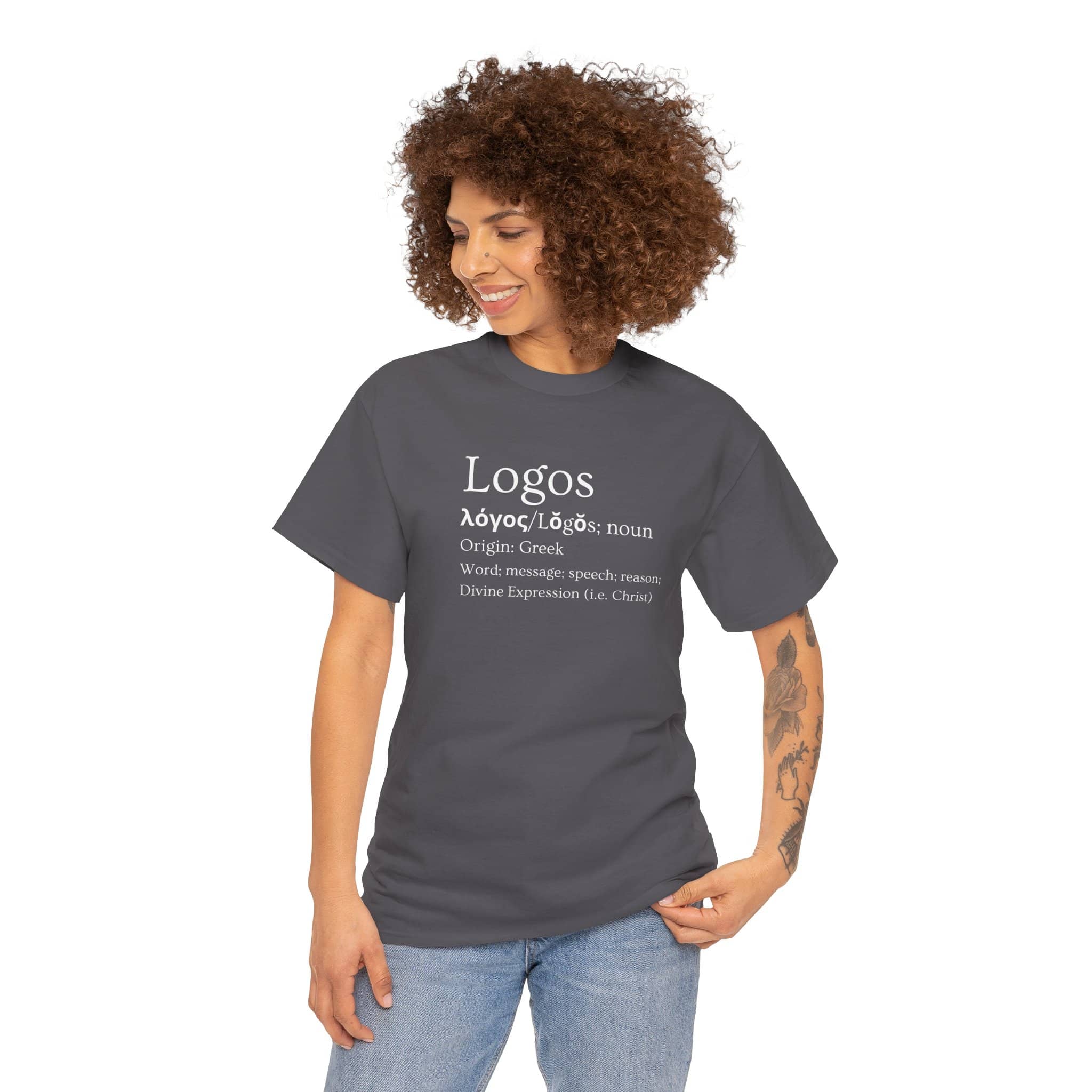 Logos definition shirt featuring a Greek origin message and stylish design for casual wear