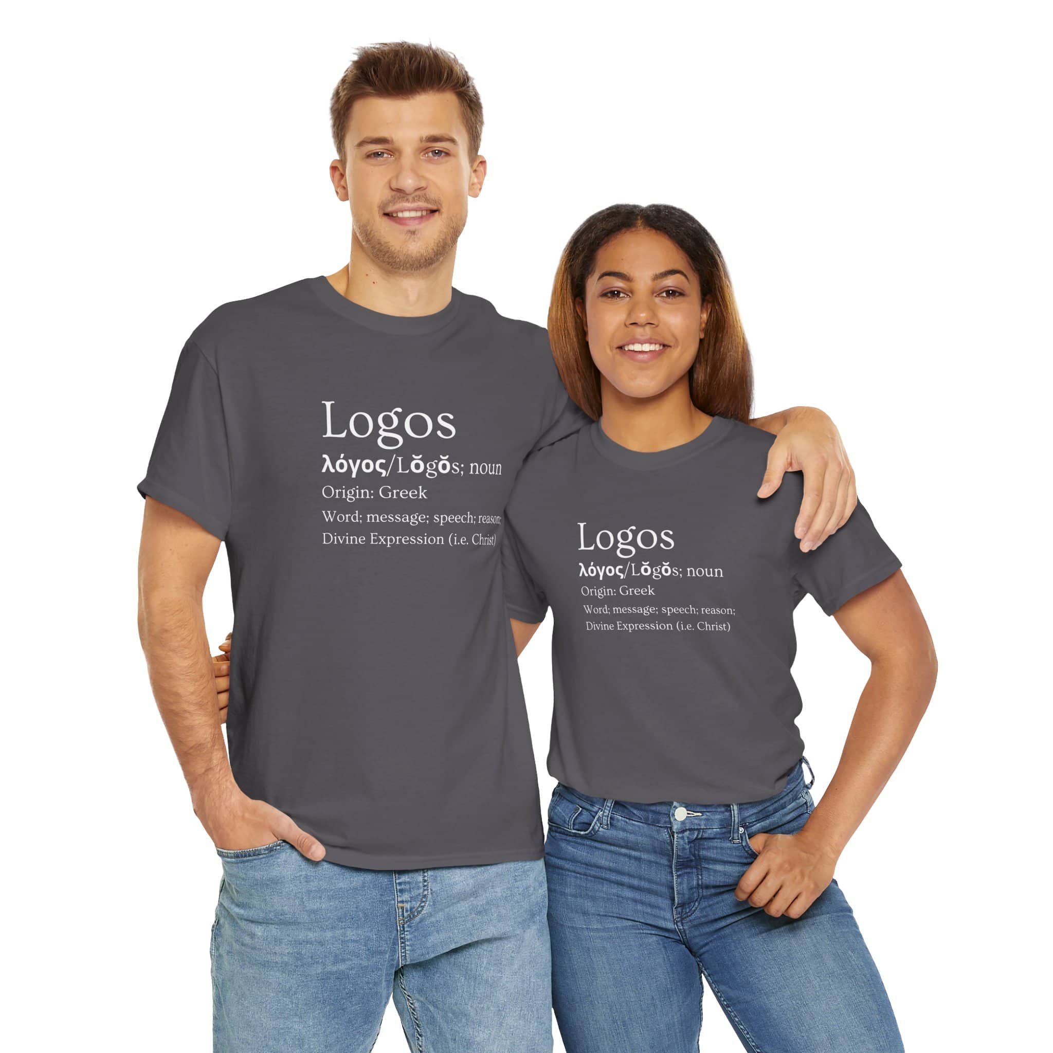 Gray Logos definition shirt featuring the word 'Logos' and its Greek origin description