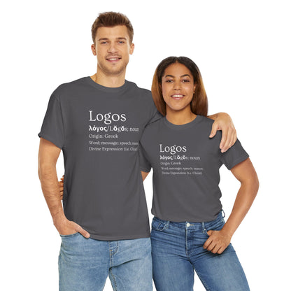 Gray Logos definition shirt featuring the word 'Logos' and its Greek origin description