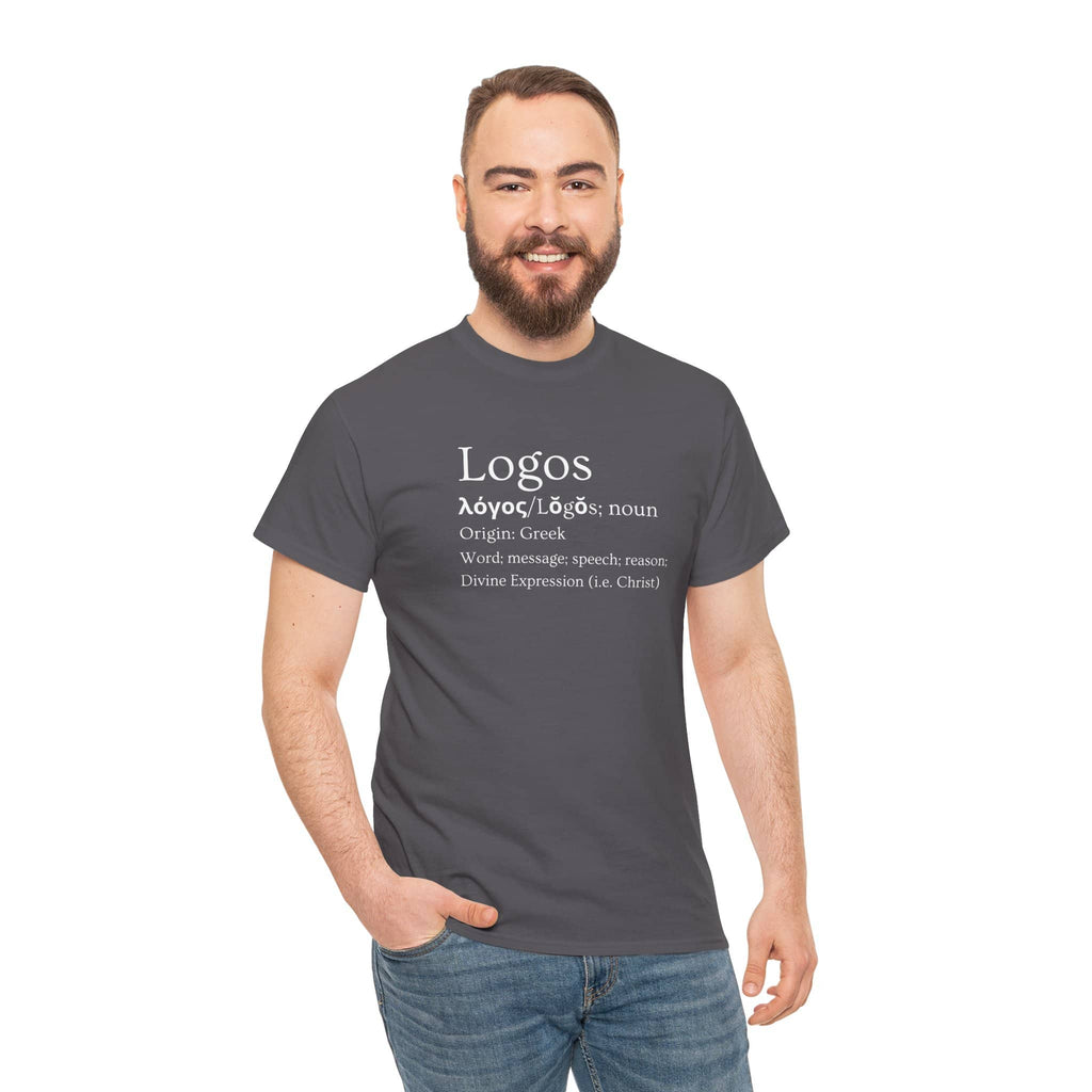 Men's gray Logos definition shirt featuring Greek origin and meaning in stylish design