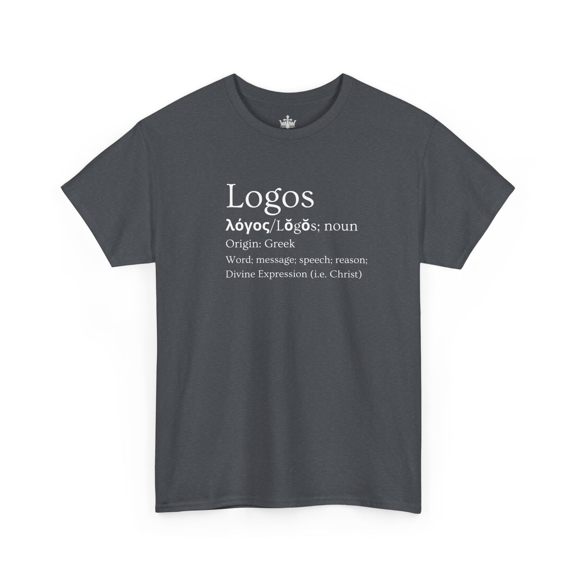 Dark Gray Logos Definition Shirt featuring Greek origin and meaning in stylish typography