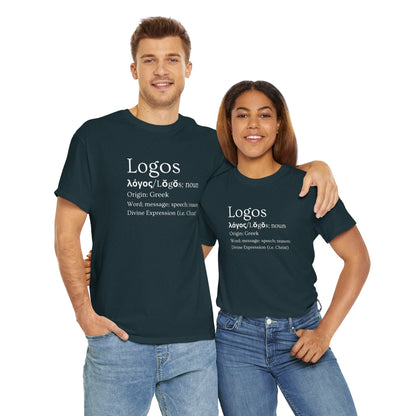 Logos definition shirt in dark color featuring Greek origin and word meanings for language enthusiasts