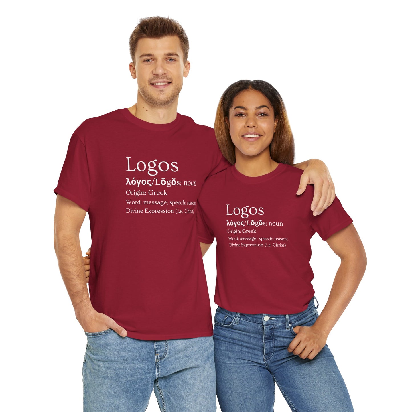 Maroon Logos definition shirt featuring Greek origin and word meanings for casual wear