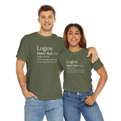 Unisex olive green T-Shirt featuring 'Logos definition shirt' with Greek text and meanings