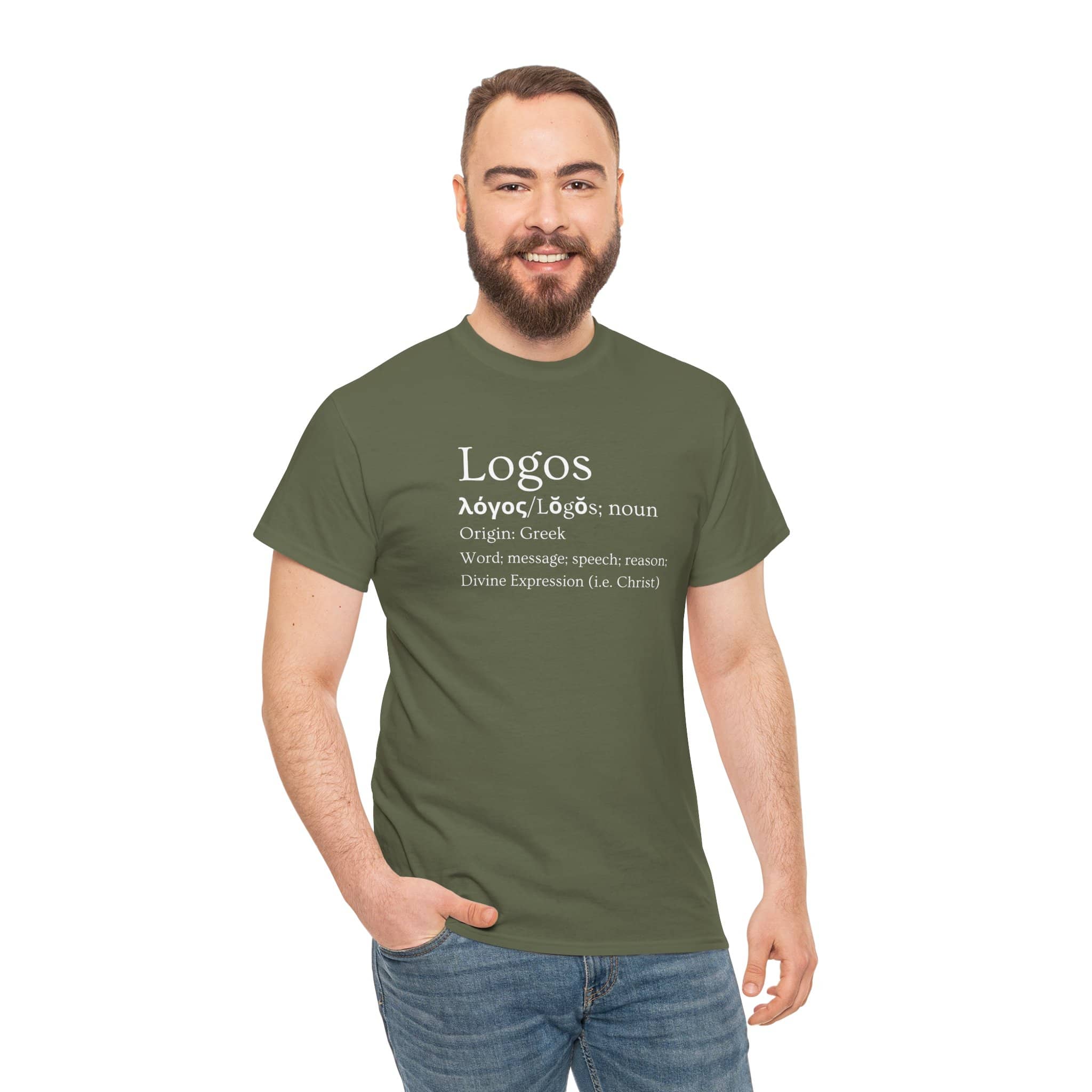 Logos definition shirt featuring Greek origin text on a green T-shirt for language enthusiasts