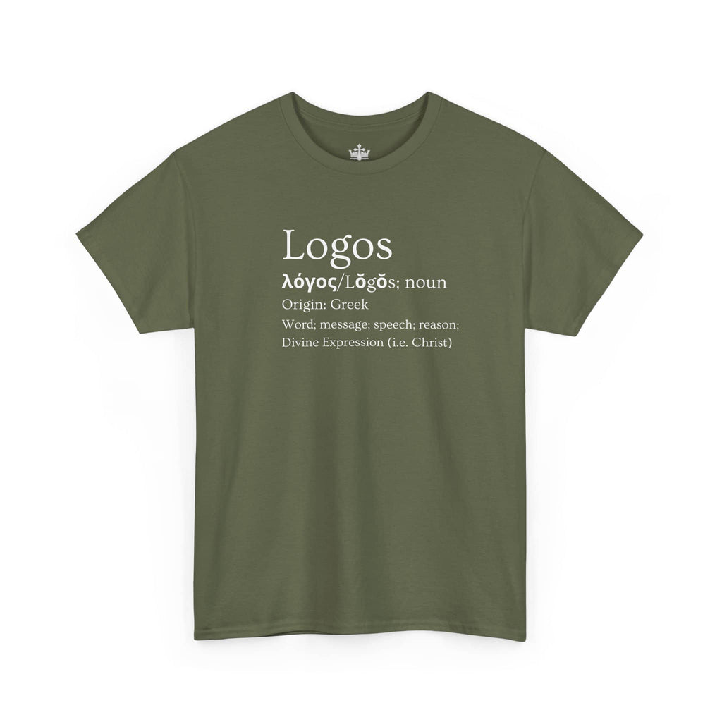 Logos definition shirt in olive green featuring Greek origin and meaning of the word