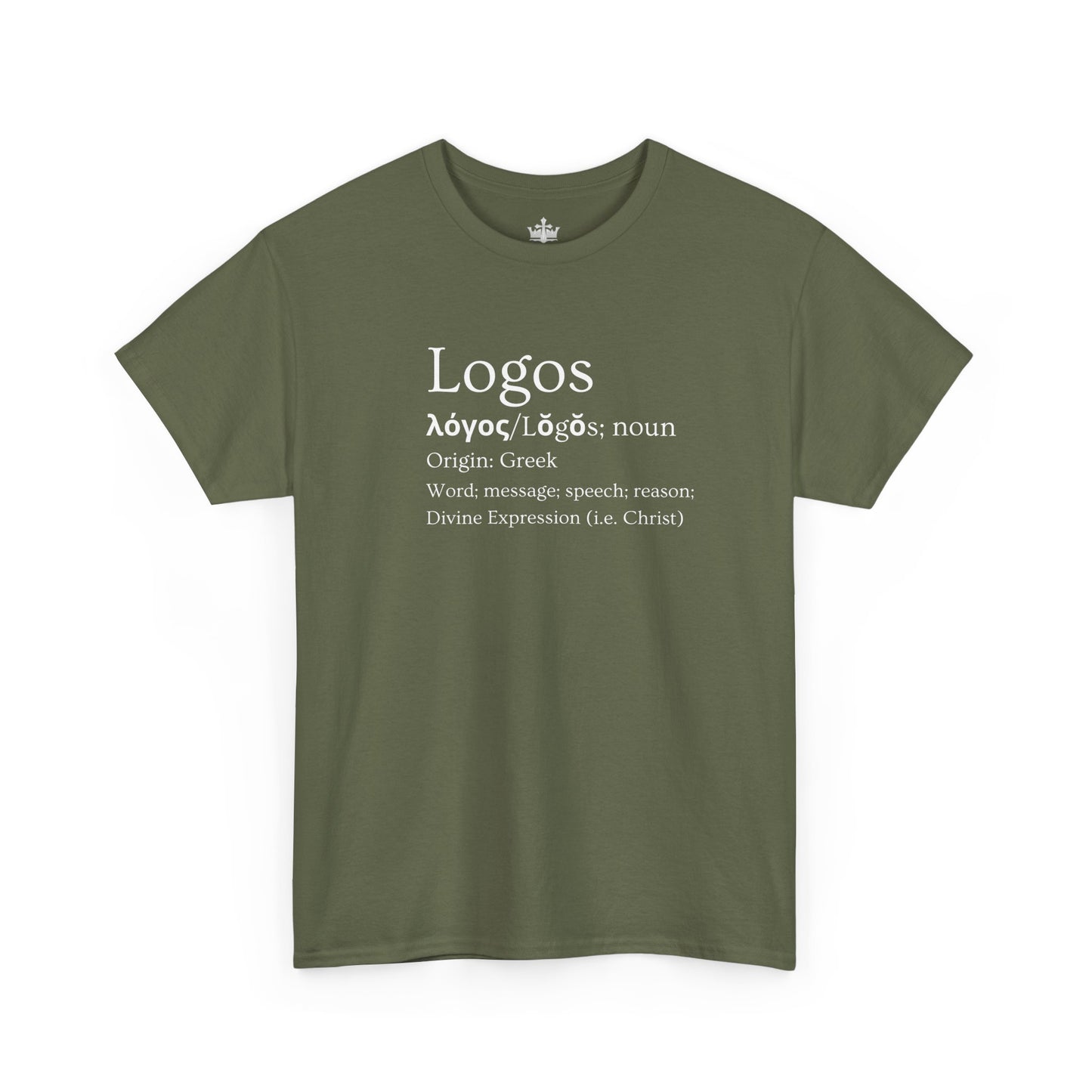 Logos definition shirt in olive green featuring Greek origin and meaning of the word