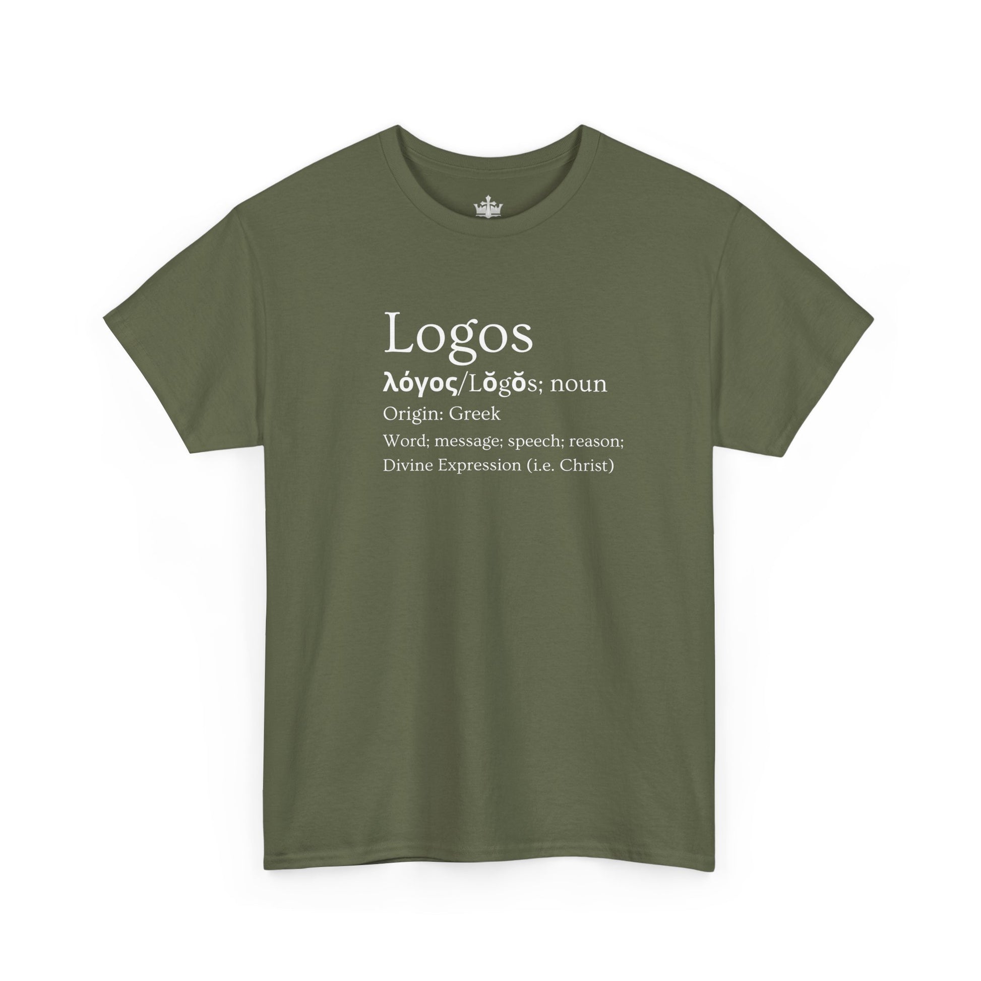 Logos definition shirt in olive green featuring Greek origin and meaning of the word