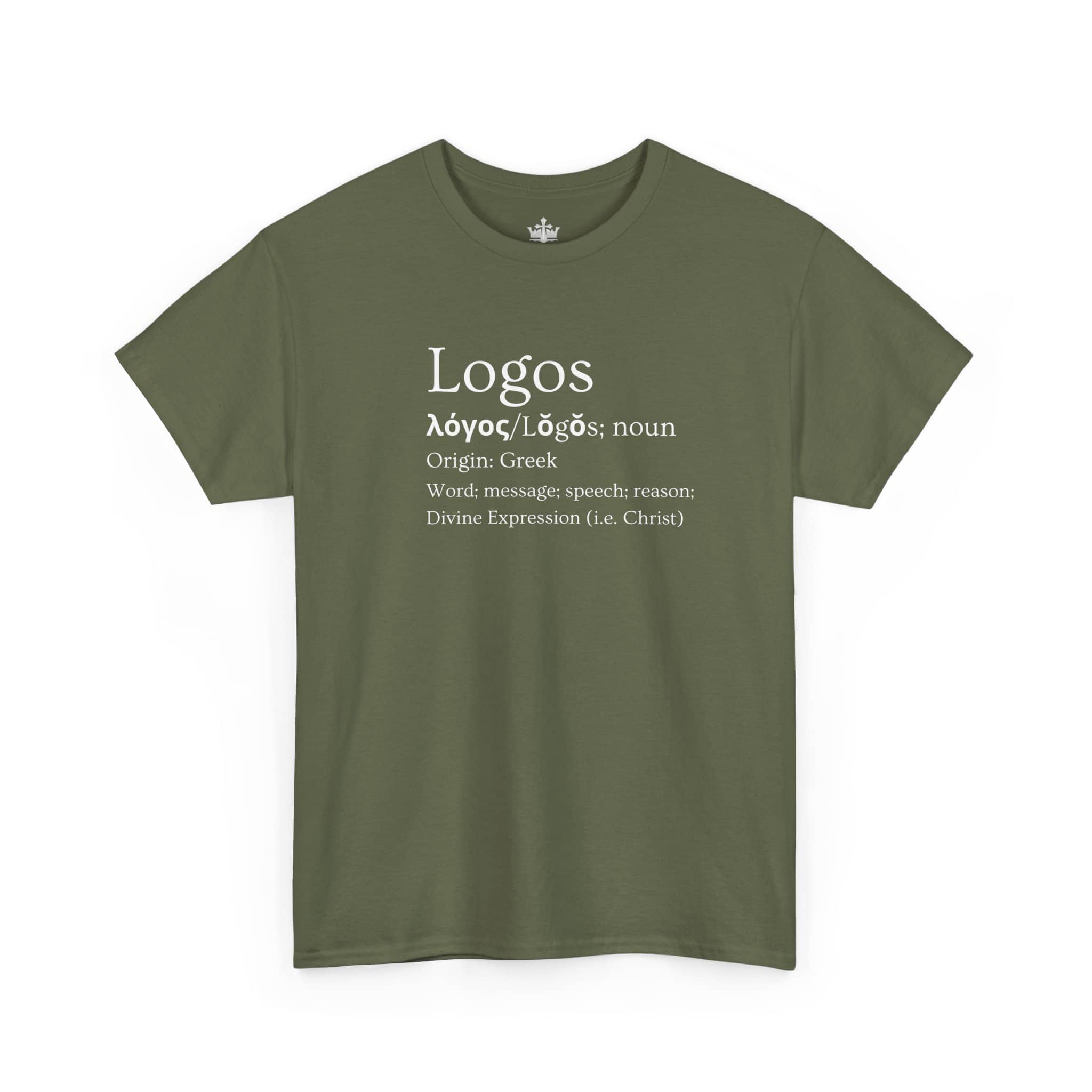Logos definition shirt in olive green featuring Greek origin and meaning of the word