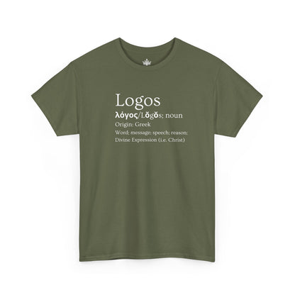 Logos definition shirt in olive green featuring Greek origin and meaning of the word
