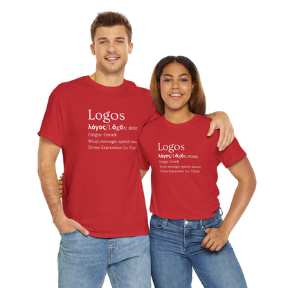 Red T-Shirt featuring logos definition shirt with Greek origin, ideal for language enthusiasts