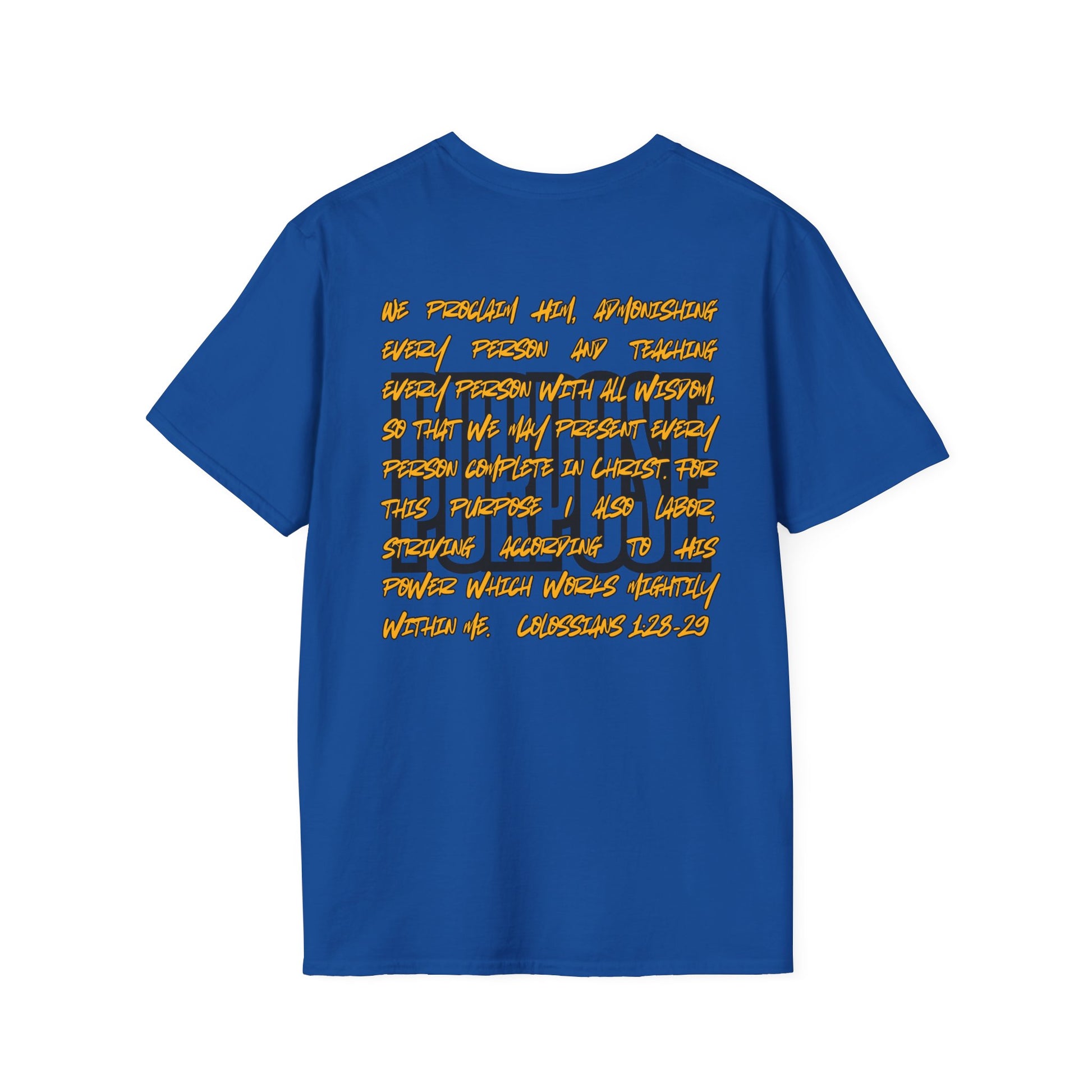 Blue Driven by Purpose shirt with inspirational scripture text printed on the back