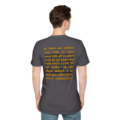 Charcoal gray Logos Co. Driven by Purpose shirt with inspirational Bible verse text design on back